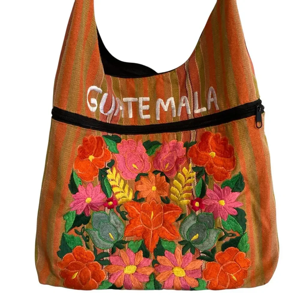Guatemala Embroidered Floral Hobo Bag Multicolor Striped Shoulder Boho